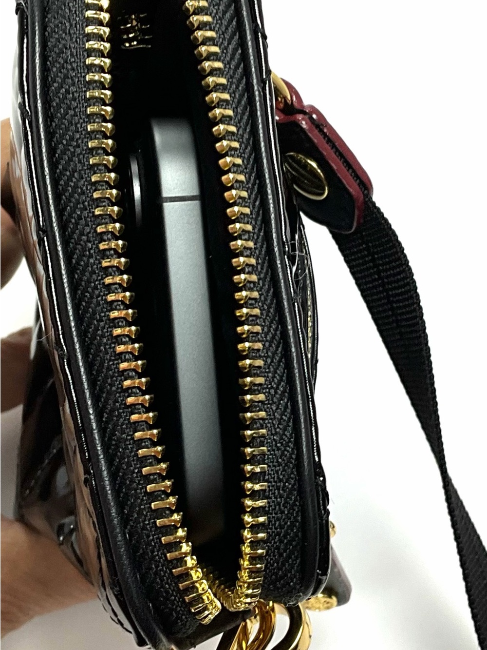 MZ Wallace Micro Crosby Patent Phone Crossbody Black Gold Hardware - Picture 11 of 16